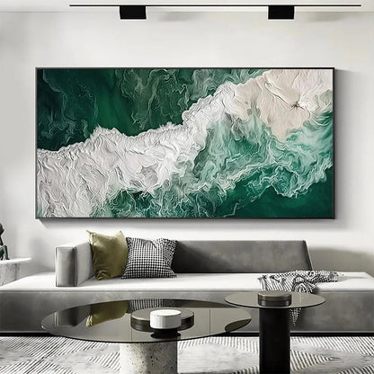 Emerald Flow hand-painted white and emerald green textured coastal abstract painting shown as stretched canvas