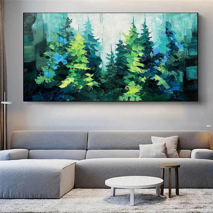 Emerald Forest hand-painted emerald green and ivory textured forest landscape painting rolled canvas option