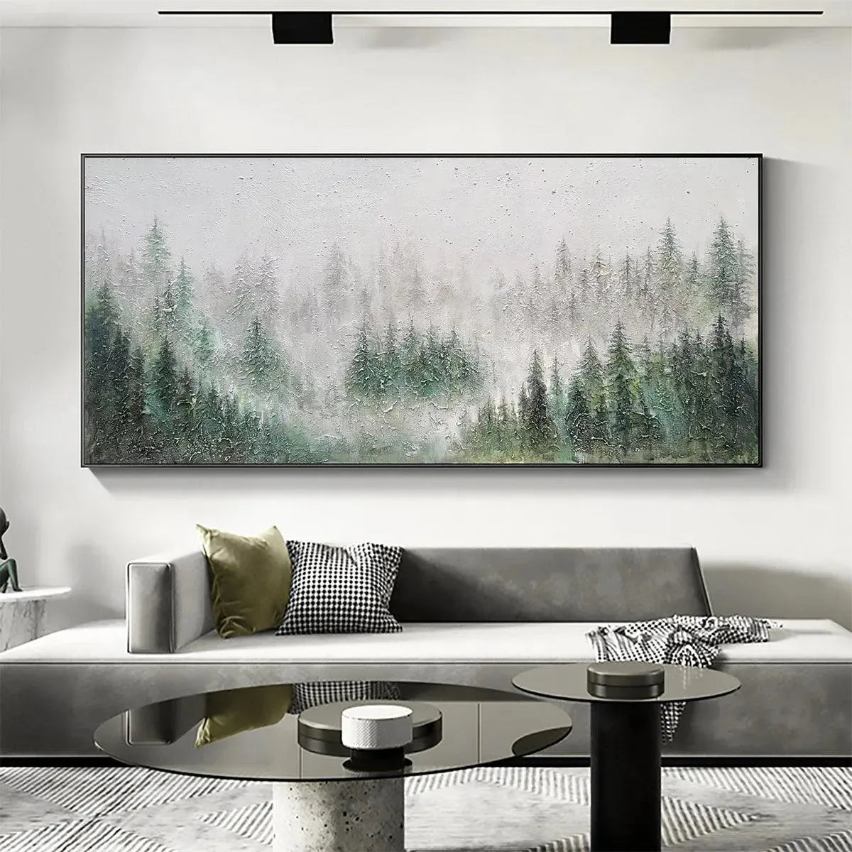 Emerald Mist hand-painted emerald green and ivory textured forest landscape painting shown with black frame