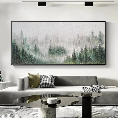 Emerald Mist hand-painted emerald green and ivory textured forest landscape painting shown with black frame