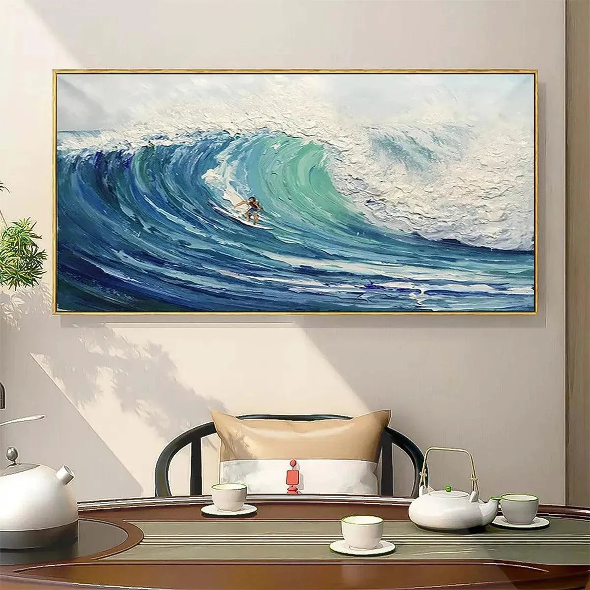 Emerald Surge hand-painted ocean blue and emerald green textured surfer ocean painting shown with black frame