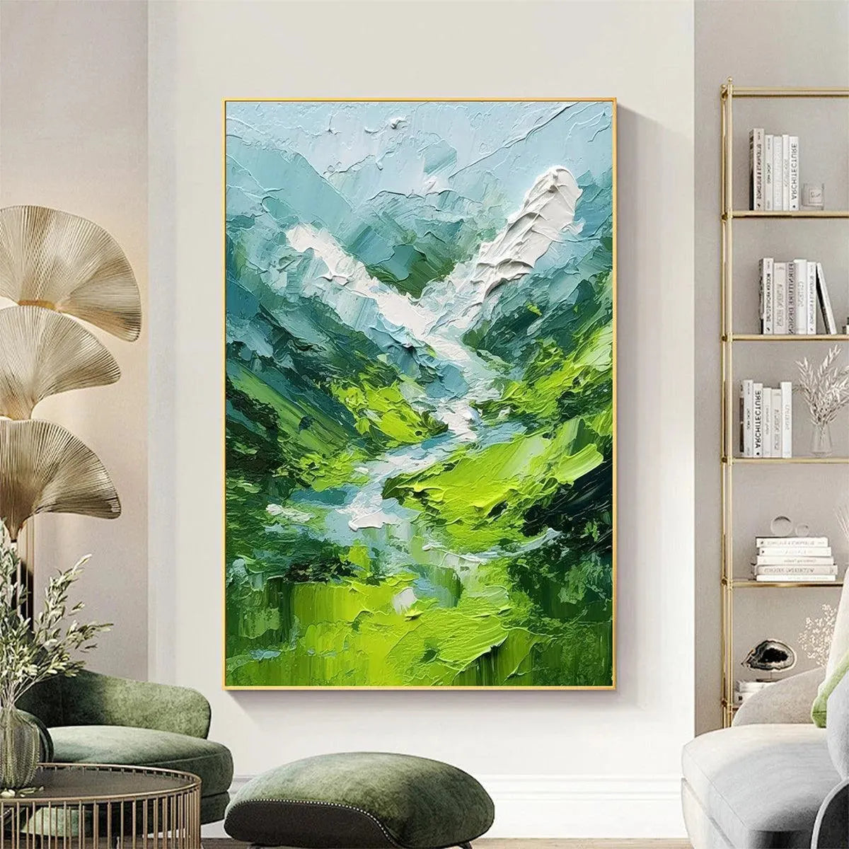 Emerald Valley hand-painted emerald green and ivory textured abstract mountain painting shown as stretched canvas