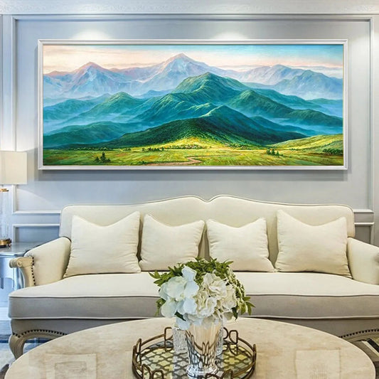 Emerald Valley Vista hand-painted emerald green and ivory textured mountain valley painting shown as stretched canvas