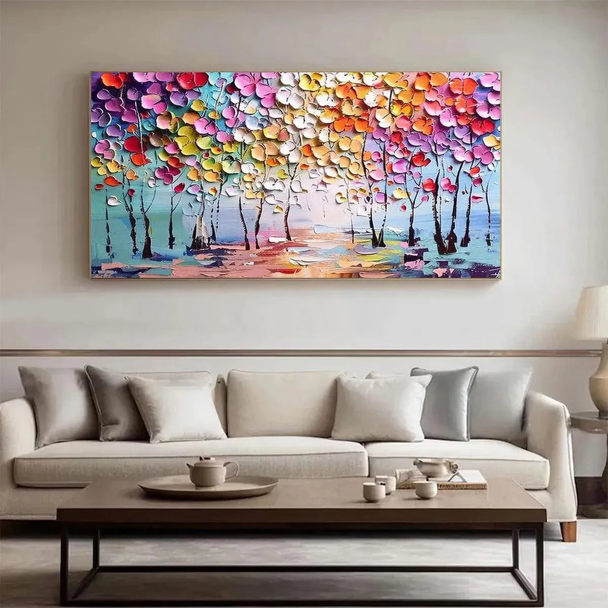 Enchanted Forest hand-painted crimson, golden yellow, turquoise and violet textured forest landscape painting rolled canvas option