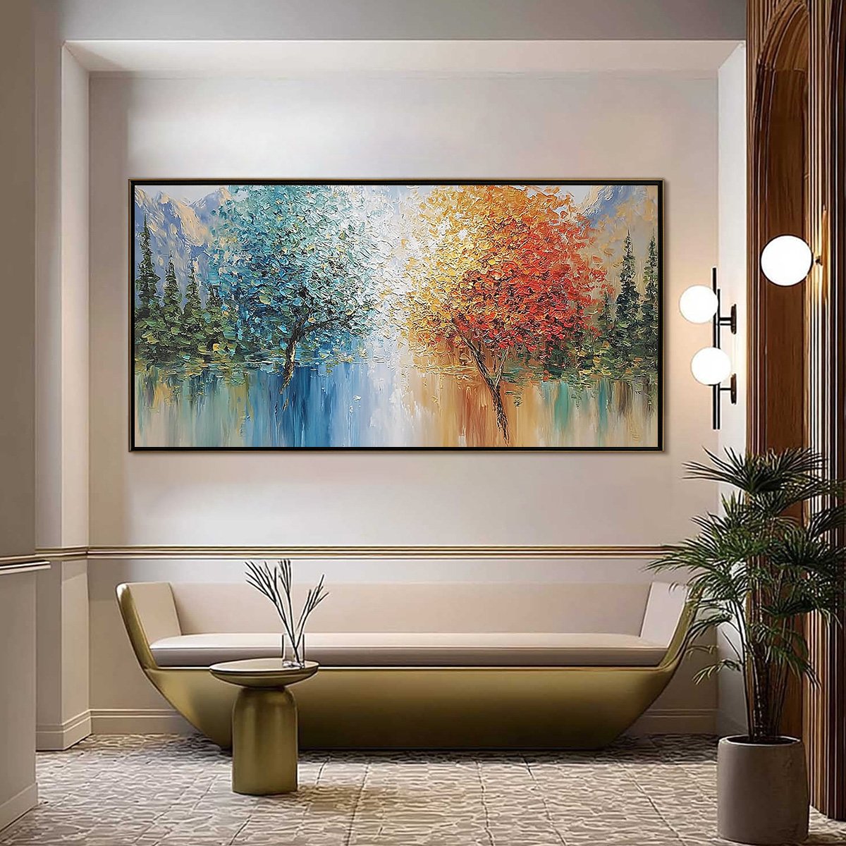 Equinox hand-painted crimson, golden yellow, turquoise and violet textured tree painting shown as stretched canvas