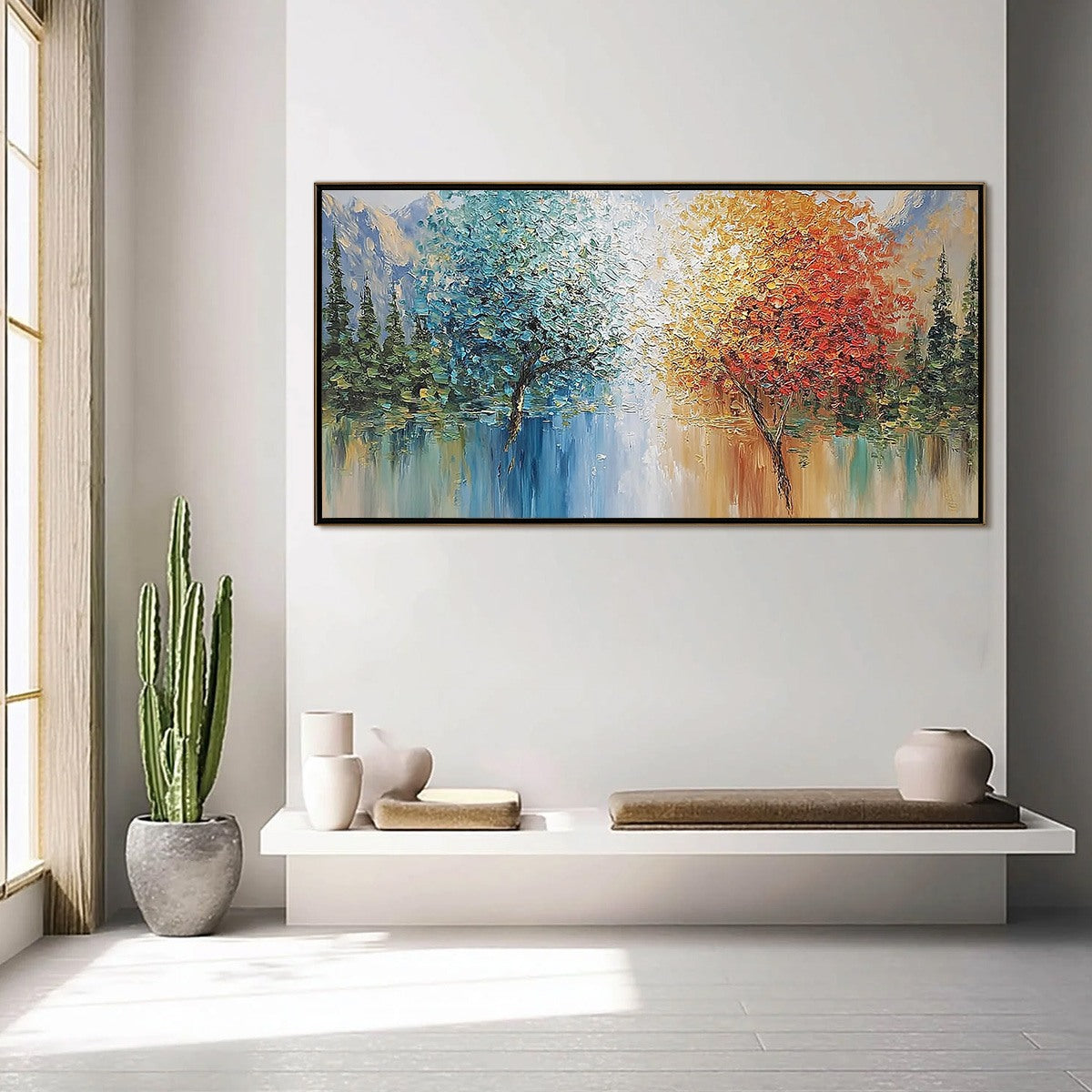 Equinox hand-painted crimson, golden yellow, turquoise and violet textured tree painting shown with silver frame