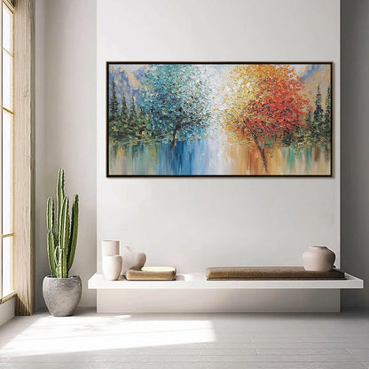 Equinox hand-painted crimson, golden yellow, turquoise and violet textured tree painting shown with silver frame