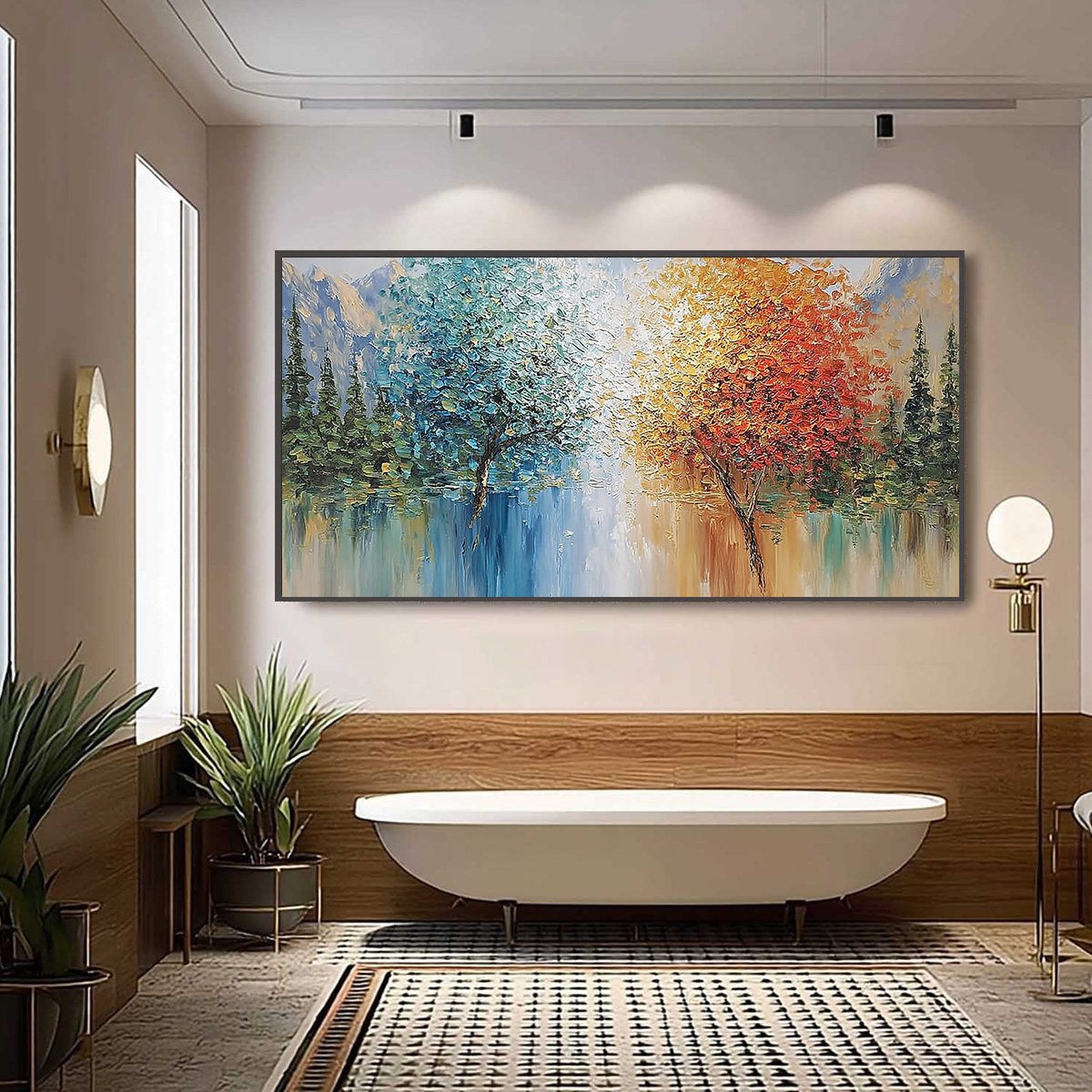 Equinox hand-painted crimson, golden yellow, turquoise and violet textured tree painting shown with black frame