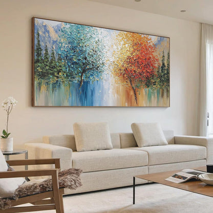 Equinox hand-painted crimson, golden yellow, turquoise and violet textured tree painting shown with wood frame