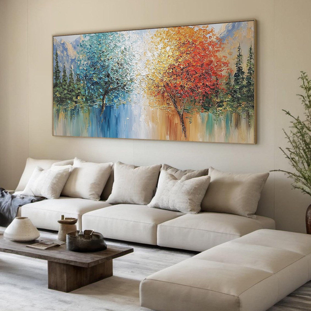 Equinox hand-painted crimson, golden yellow, turquoise and violet textured tree painting rolled canvas option
