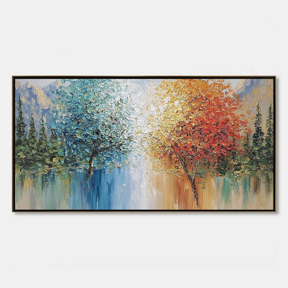 Equinox hand-painted crimson, golden yellow, turquoise and violet textured tree painting rolled canvas option