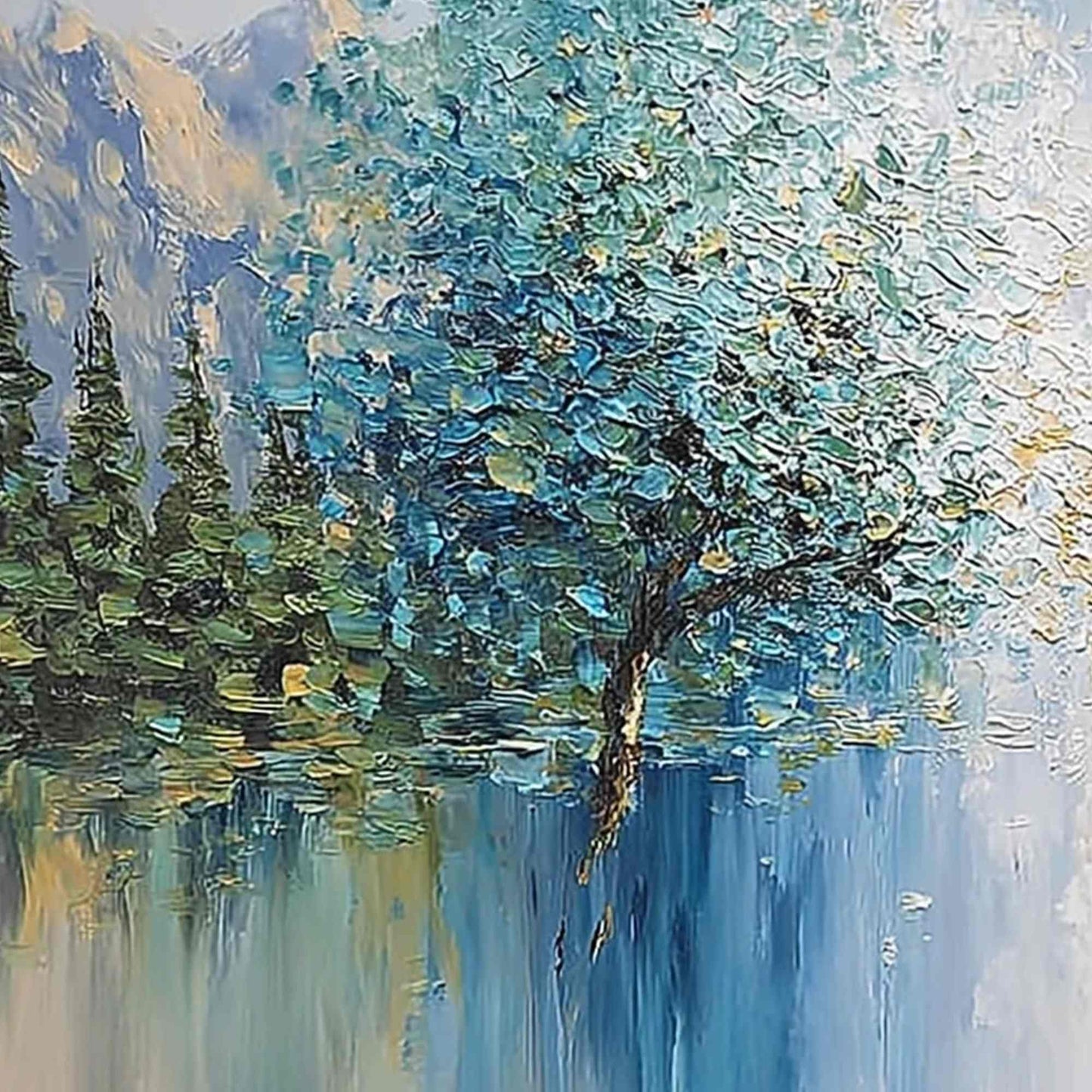 Equinox hand-painted crimson, golden yellow, turquoise and violet textured tree painting shown with gold frame