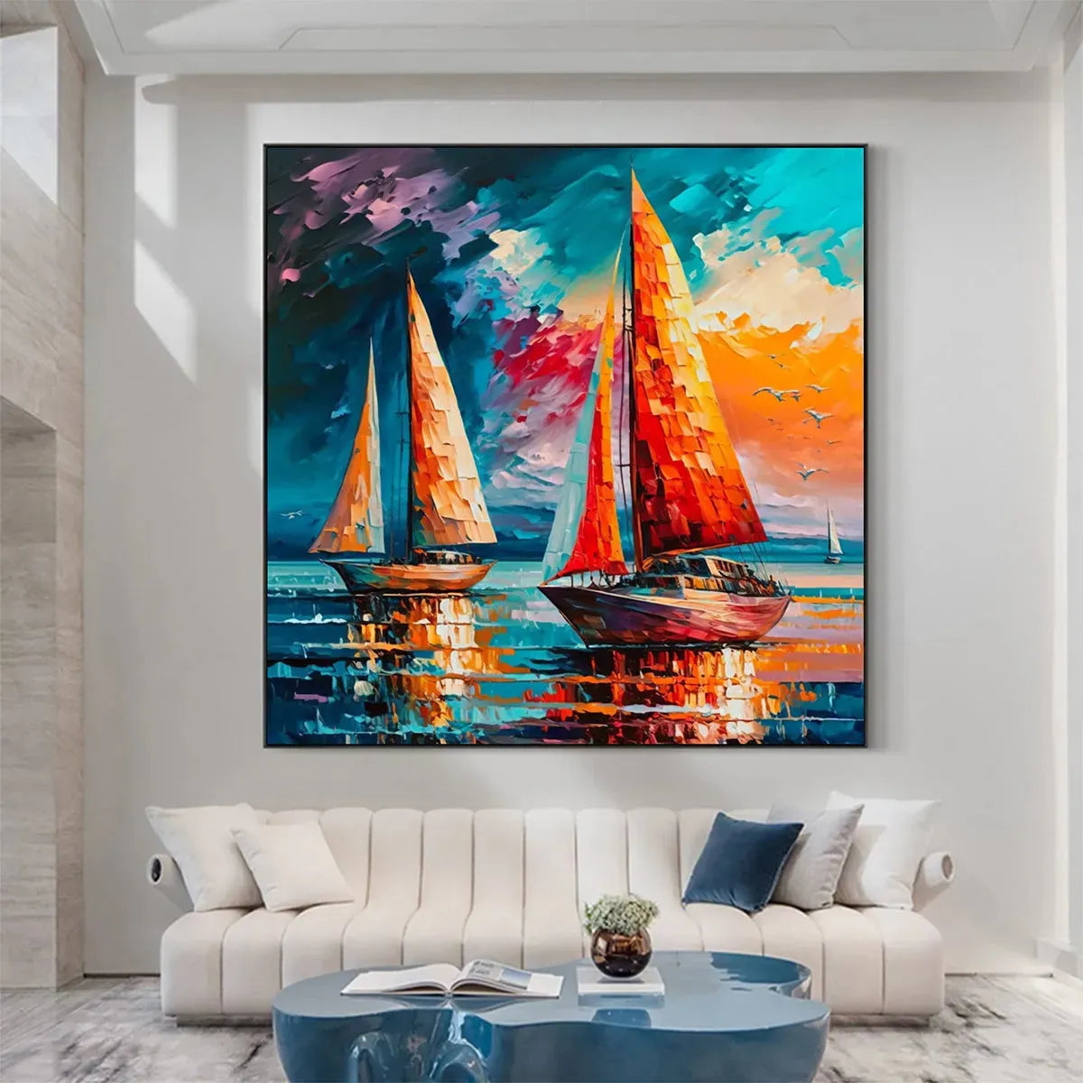 Evening Sail hand-painted ocean blue, ivory and soft neutral tones textured sailboat seascape painting shown with white frame