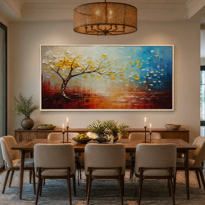 Festival Tree hand-painted ocean blue and ivory textured tree painting