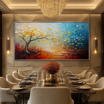 Festival Tree hand-painted ocean blue and ivory textured tree painting