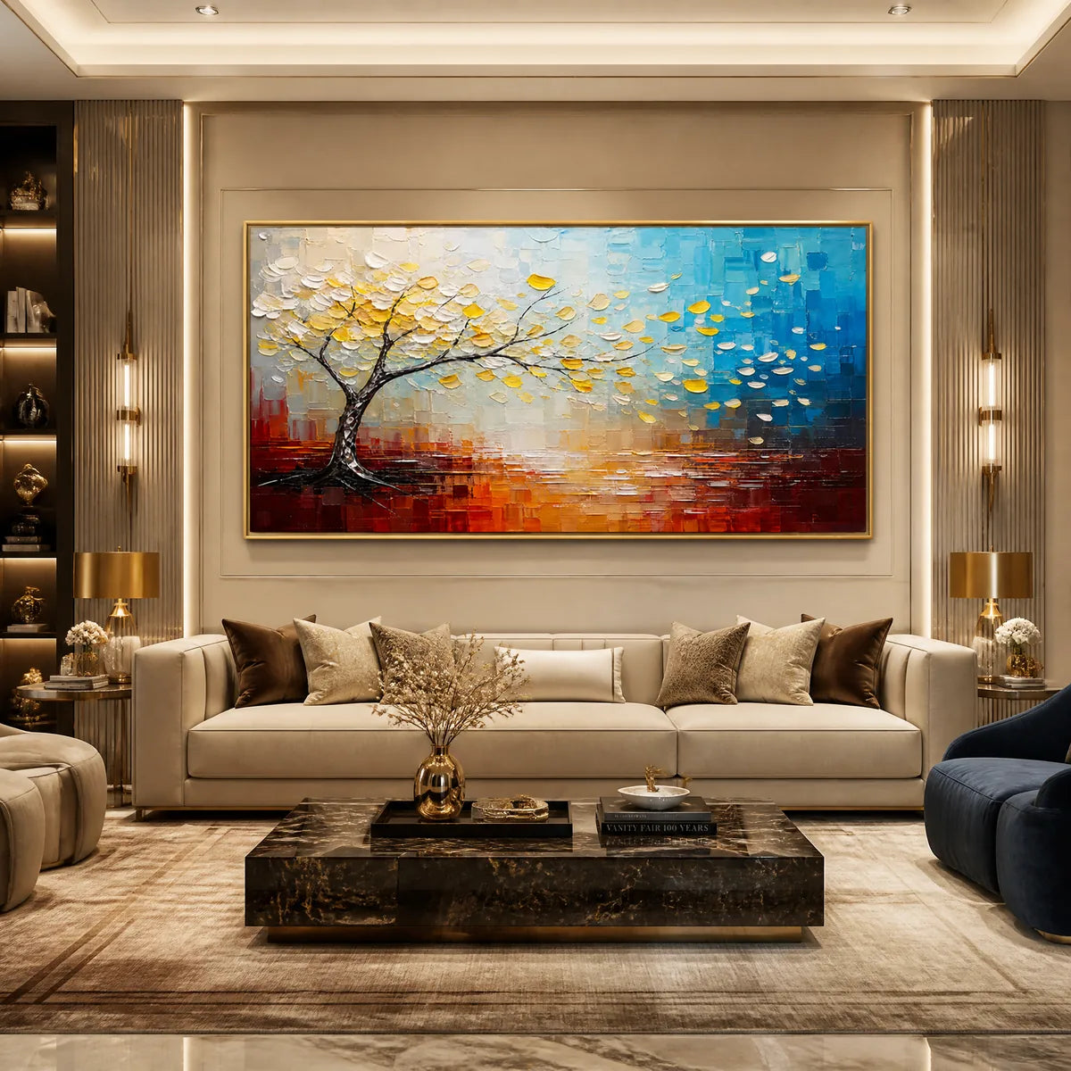 Festival Tree hand-painted ocean blue and ivory textured tree painting