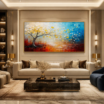 Festival Tree hand-painted ocean blue and ivory textured tree painting