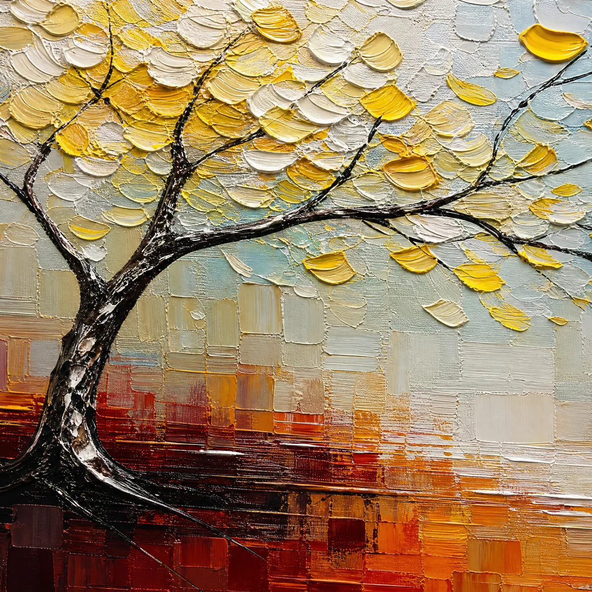 Festival Tree hand-painted ocean blue and ivory textured tree painting