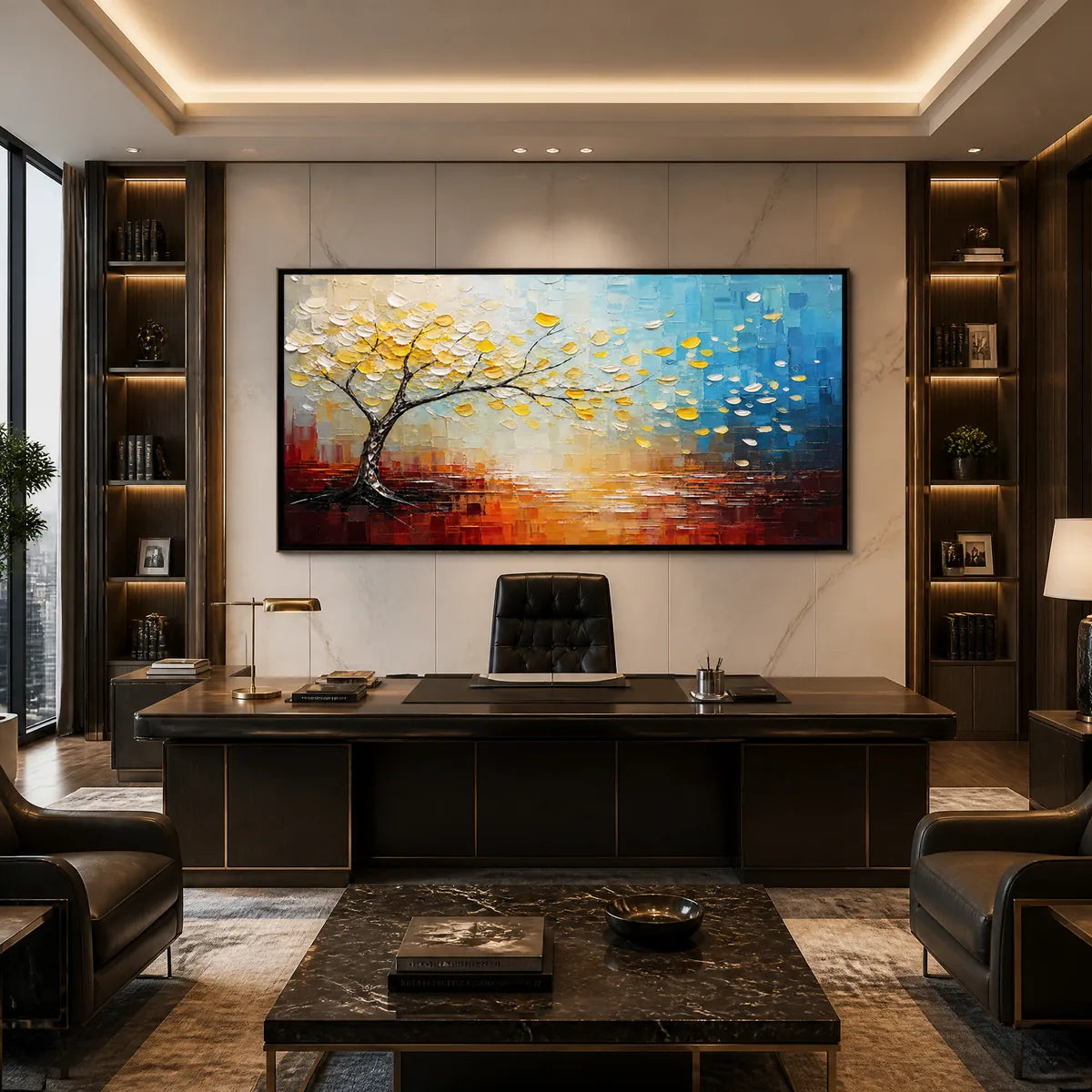 Festival Tree hand-painted ocean blue and ivory textured tree painting