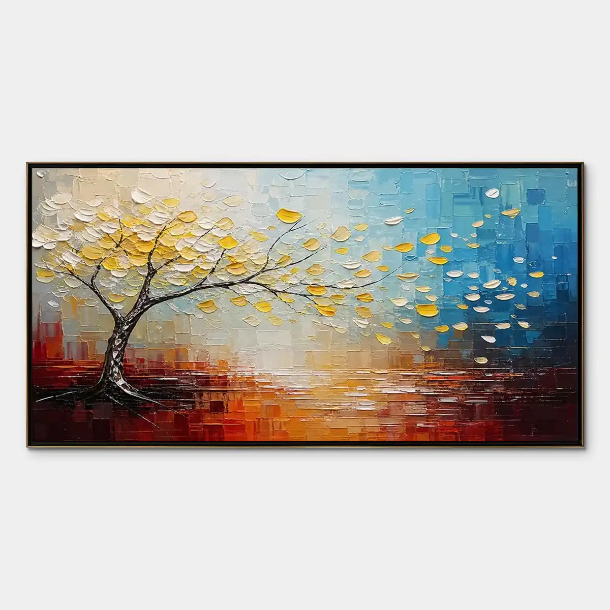 Festival Tree hand-painted ocean blue and ivory textured tree painting