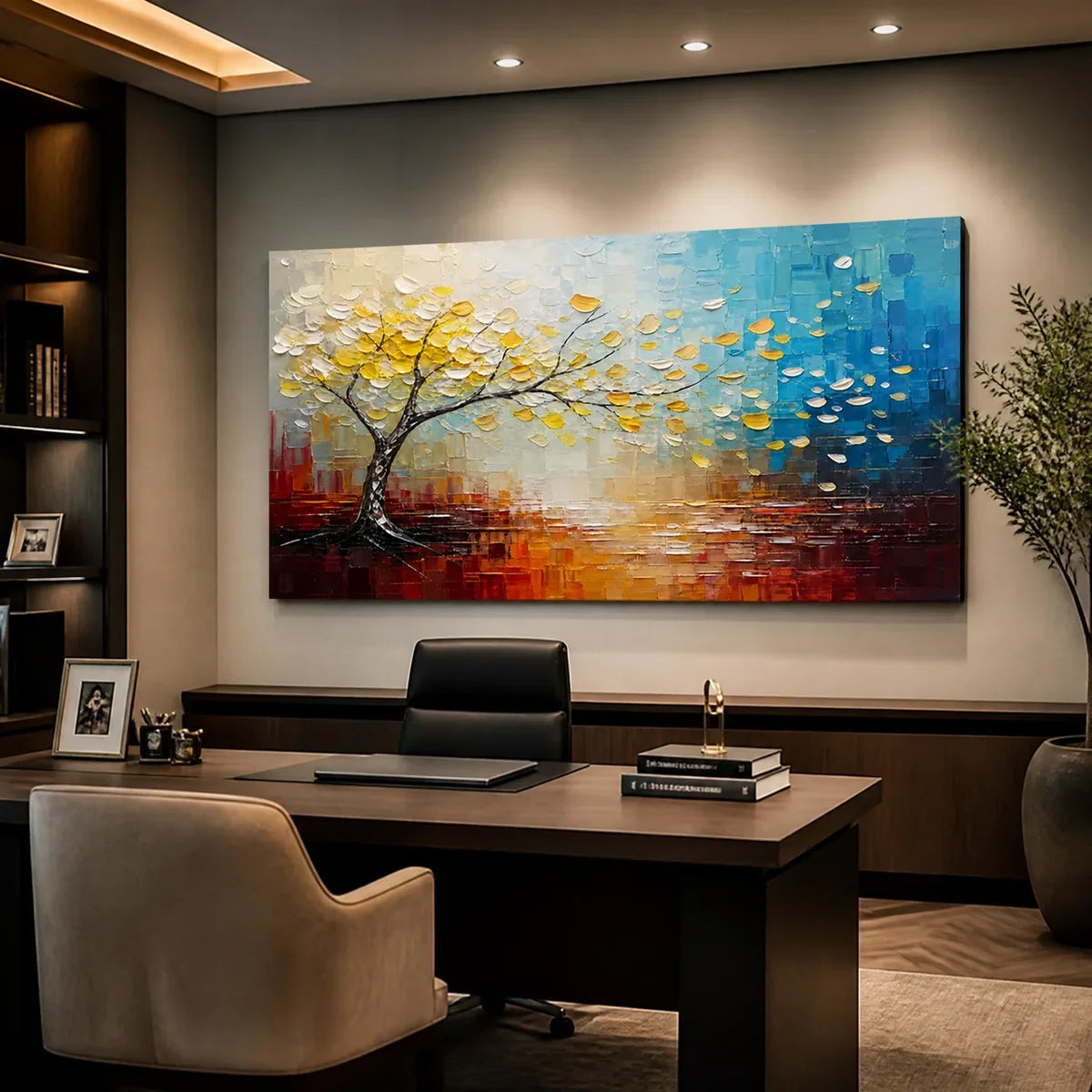 Festival Tree hand-painted ocean blue and ivory textured tree painting