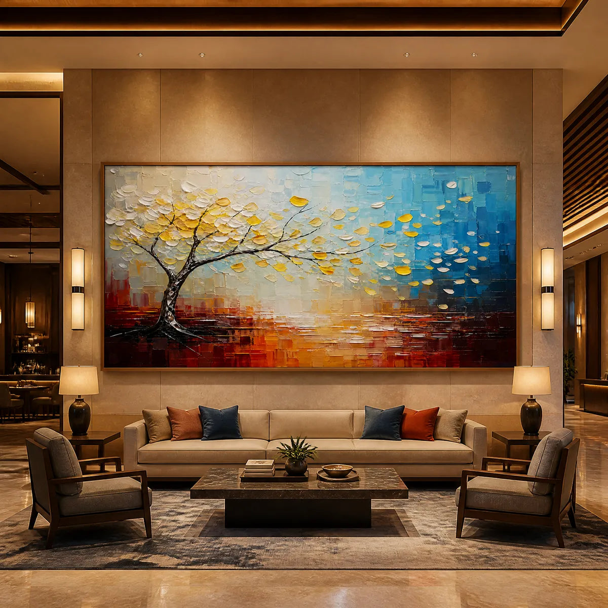 Festival Tree hand-painted ocean blue and ivory textured tree painting