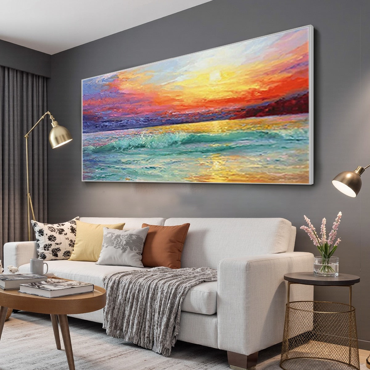 Fiery Kiss hand-painted ocean blue, ivory and soft neutral tones textured sunset seascape painting shown with white frame