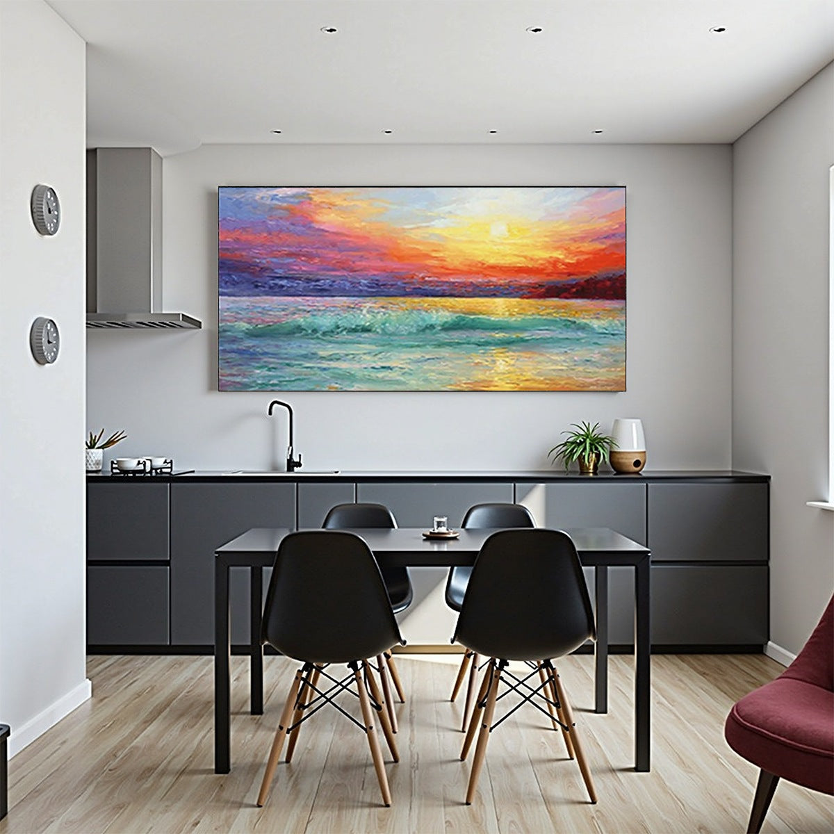 Fiery Kiss hand-painted ocean blue, ivory and soft neutral tones textured sunset seascape painting shown with wood frame