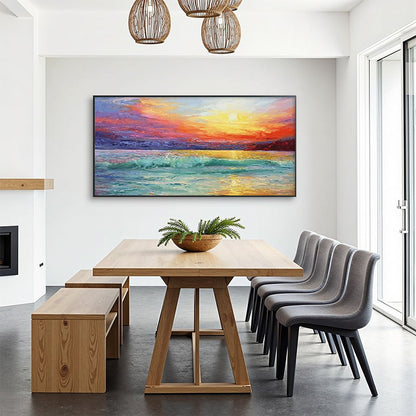 Fiery Kiss hand-painted ocean blue, ivory and soft neutral tones textured sunset seascape painting rolled canvas option