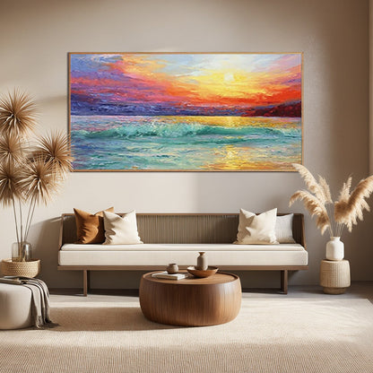 Fiery Kiss hand-painted ocean blue, ivory and soft neutral tones textured sunset seascape painting shown as stretched canvas