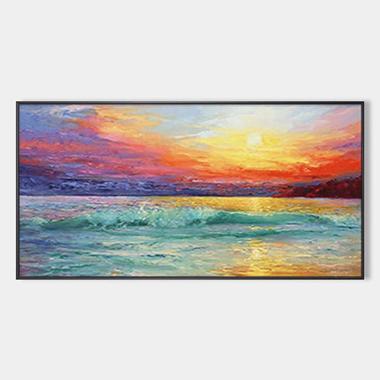 Fiery Kiss hand-painted ocean blue, ivory and soft neutral tones textured sunset seascape painting rolled canvas option