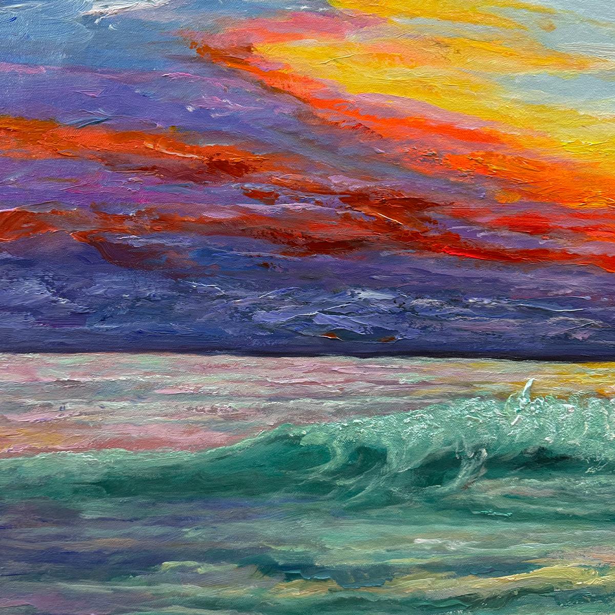 Fiery Kiss hand-painted ocean blue, ivory and soft neutral tones textured sunset seascape painting shown with black frame