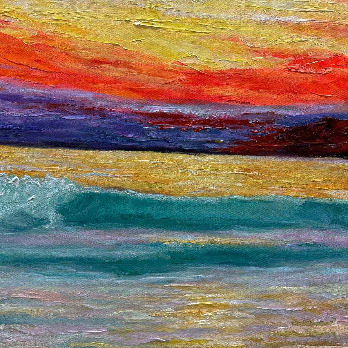 Fiery Kiss hand-painted ocean blue, ivory and soft neutral tones textured sunset seascape painting shown with silver frame