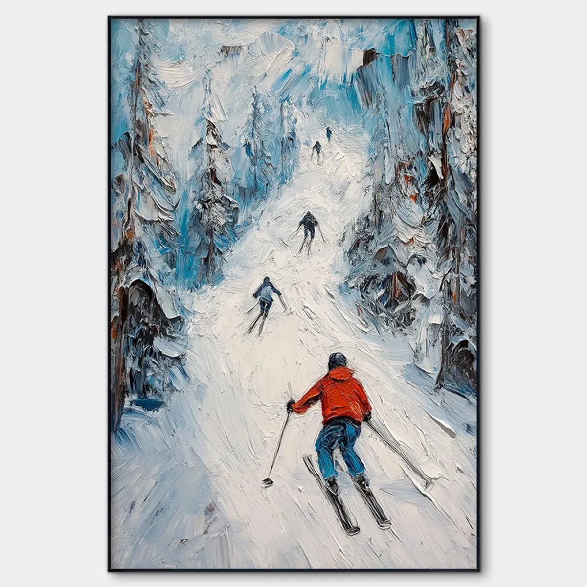 First Run hand-painted orange and ivory textured skiing mountain painting rolled canvas option