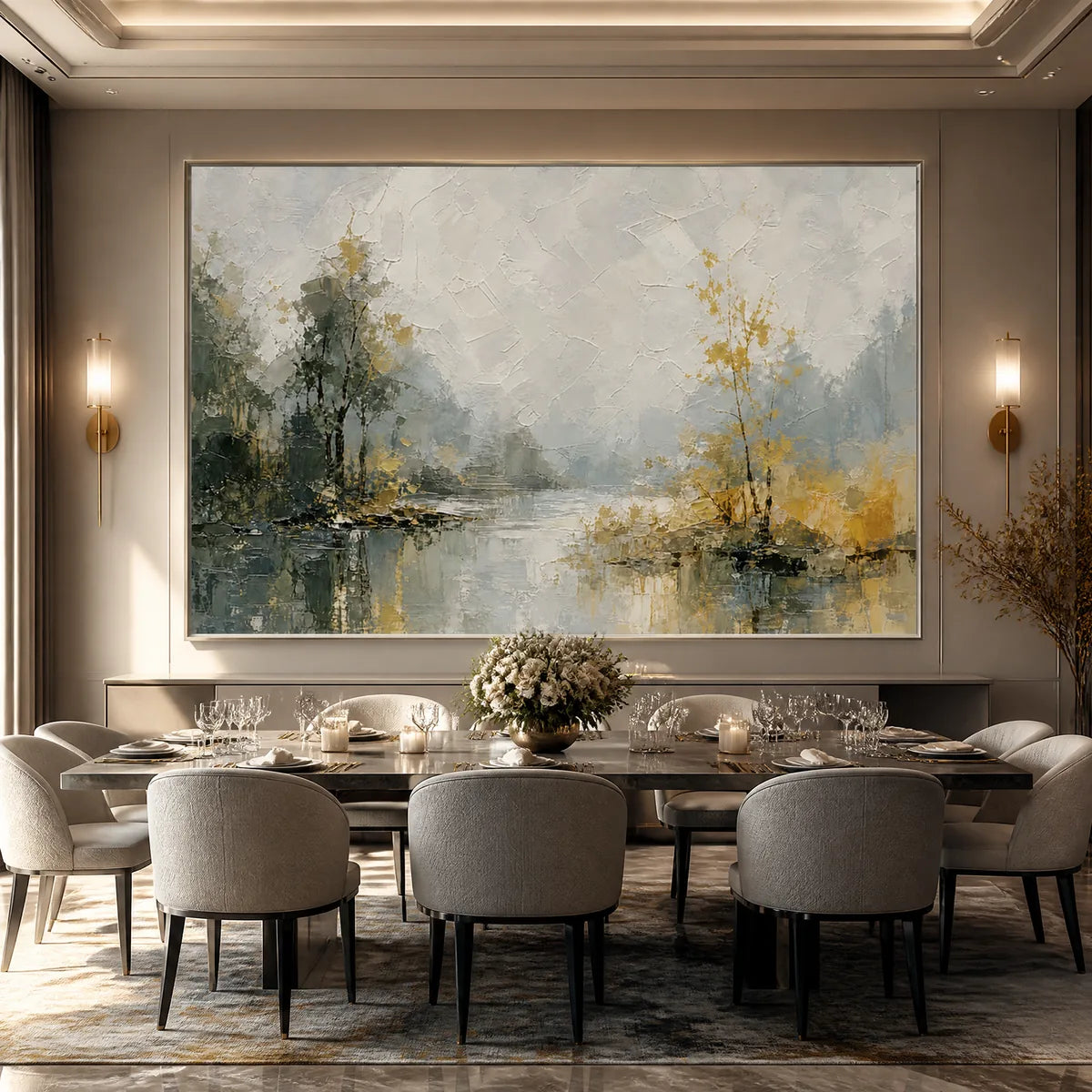 Forest Veil hand-painted gold and ivory textured forest landscape painting