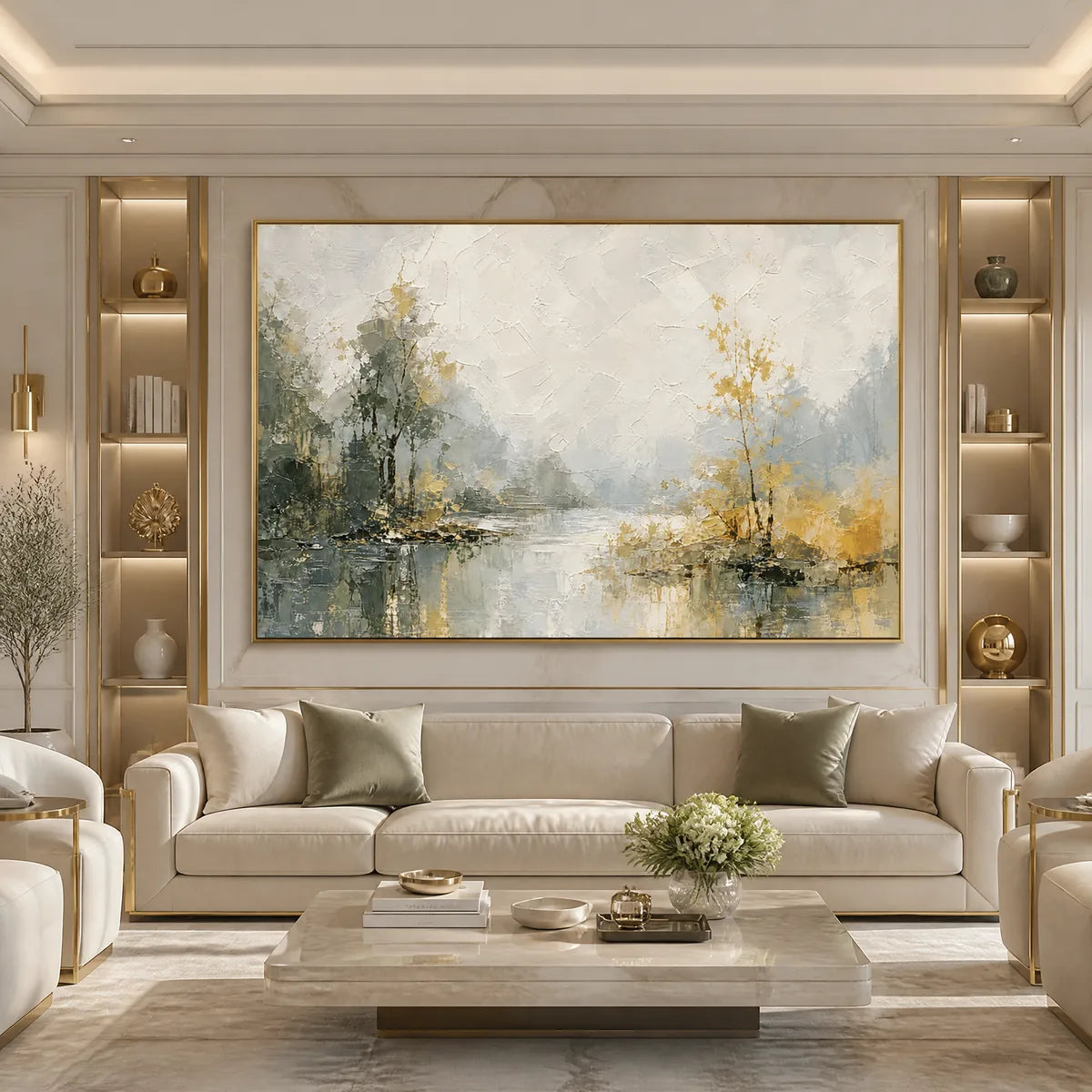 Forest Veil hand-painted gold and ivory textured forest landscape painting