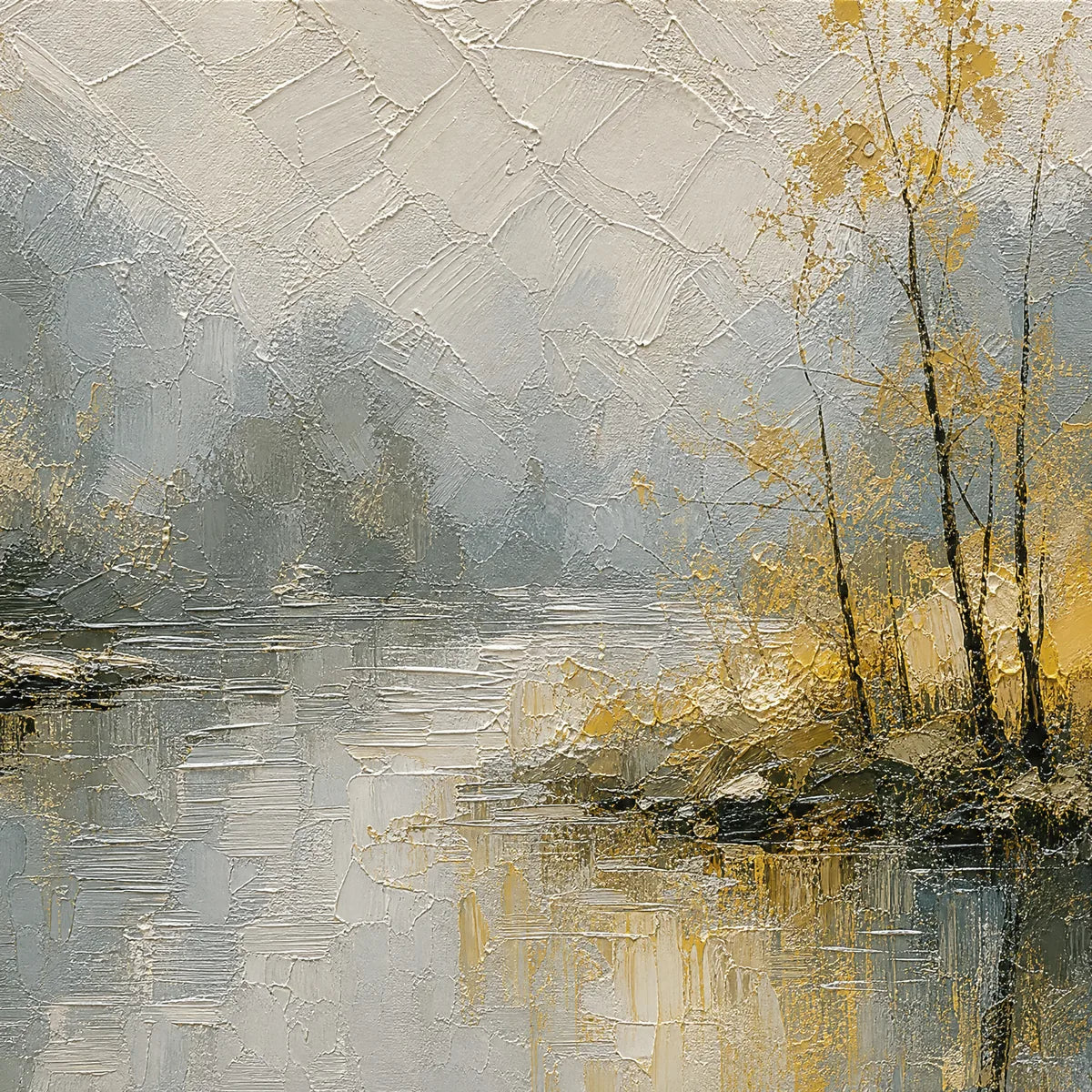 Forest Veil hand-painted gold and ivory textured forest landscape painting