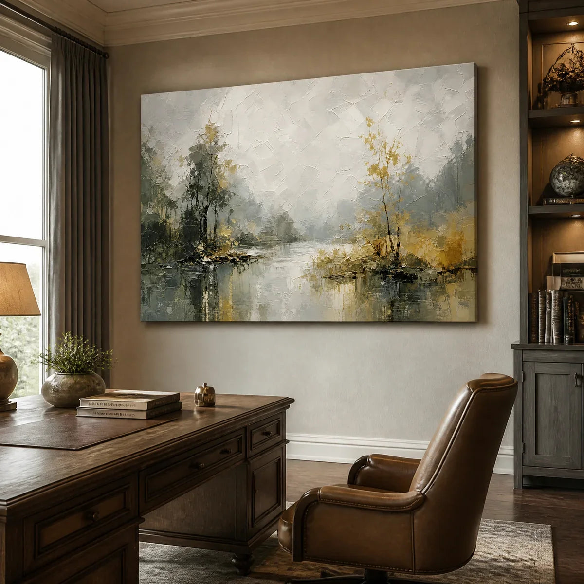 Forest Veil hand-painted gold and ivory textured forest landscape painting