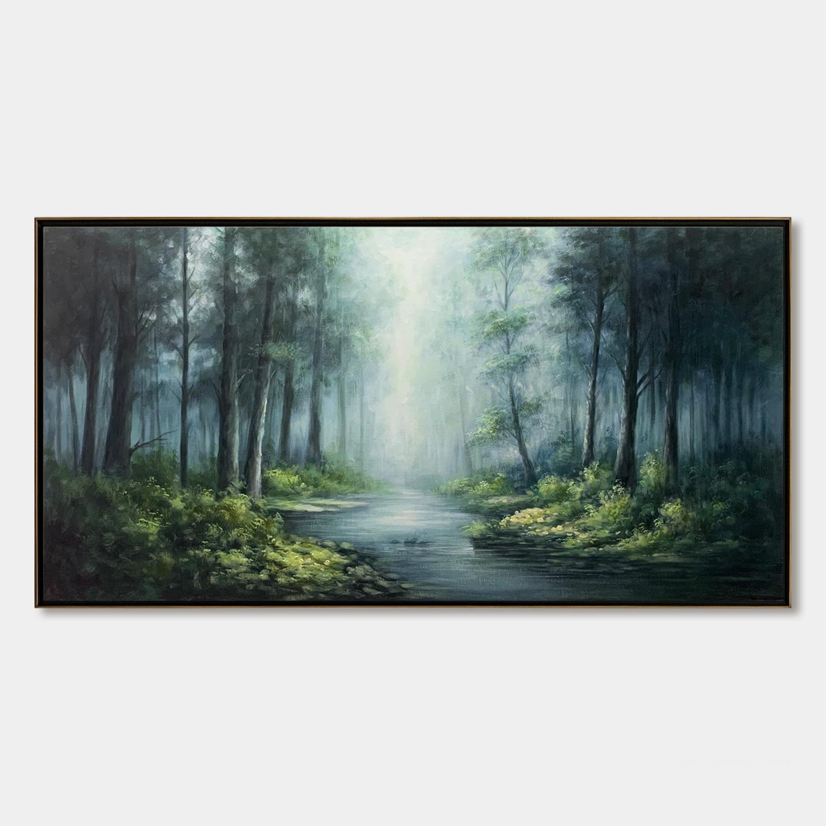 Forest Whispers hand-painted forest green, soft grey and warm earth tones textured forest landscape painting shown with silver frame