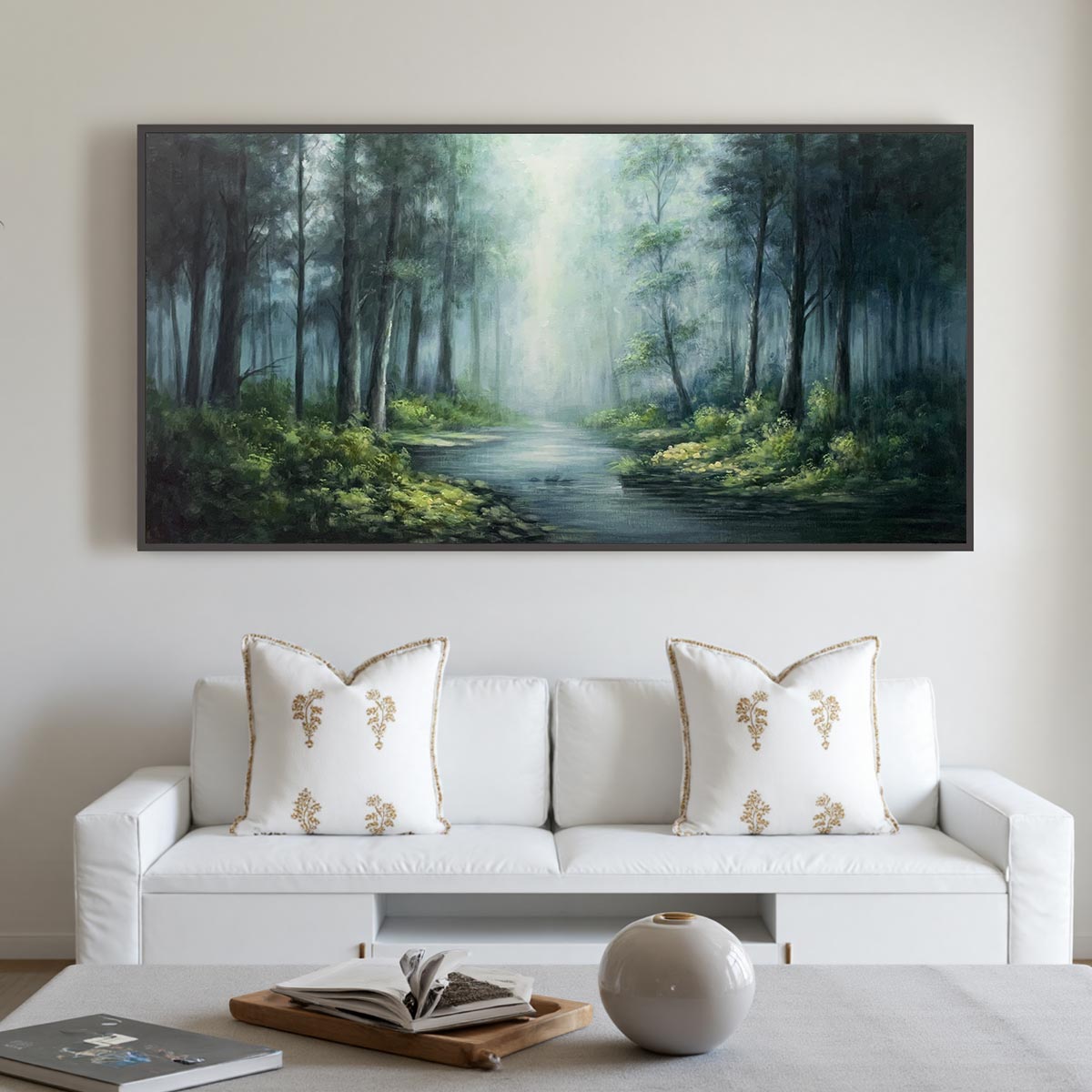 Forest Whispers hand-painted forest green, soft grey and warm earth tones textured forest landscape painting rolled canvas option