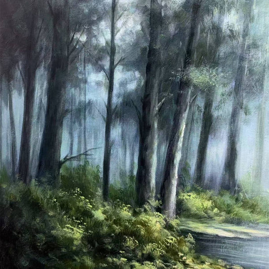Forest Whispers hand-painted forest green, soft grey and warm earth tones textured forest landscape painting shown as stretched canvas