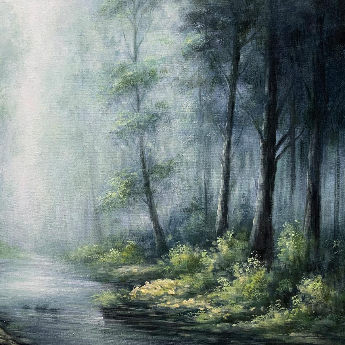 Forest Whispers hand-painted forest green, soft grey and warm earth tones textured forest landscape painting shown with white frame