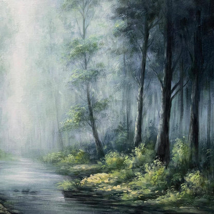 Forest Whispers hand-painted forest green, soft grey and warm earth tones textured forest landscape painting shown with white frame
