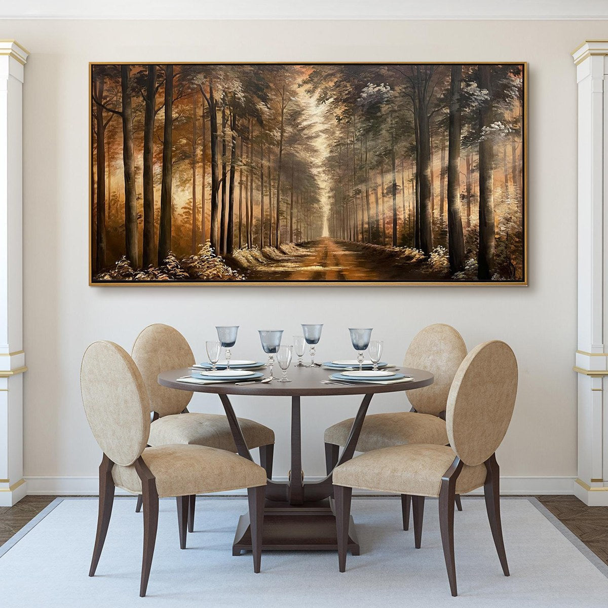 Forest Path hand-painted forest green, soft grey and warm earth tones textured forest path painting rolled canvas option