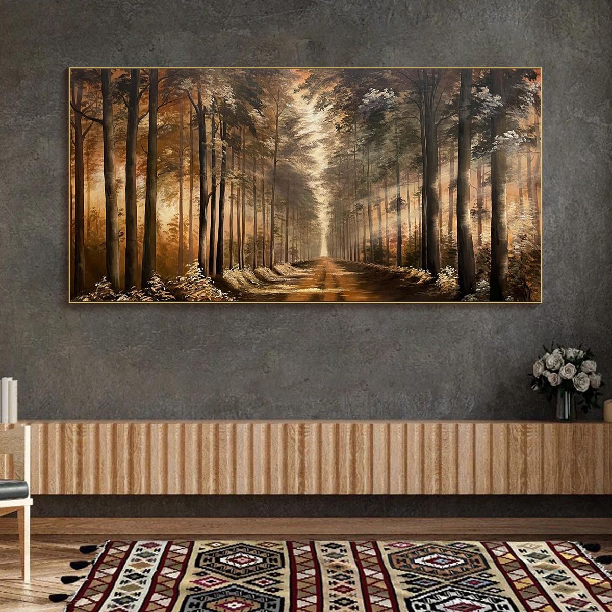 Forest Path hand-painted forest green, soft grey and warm earth tones textured forest path painting shown as stretched canvas