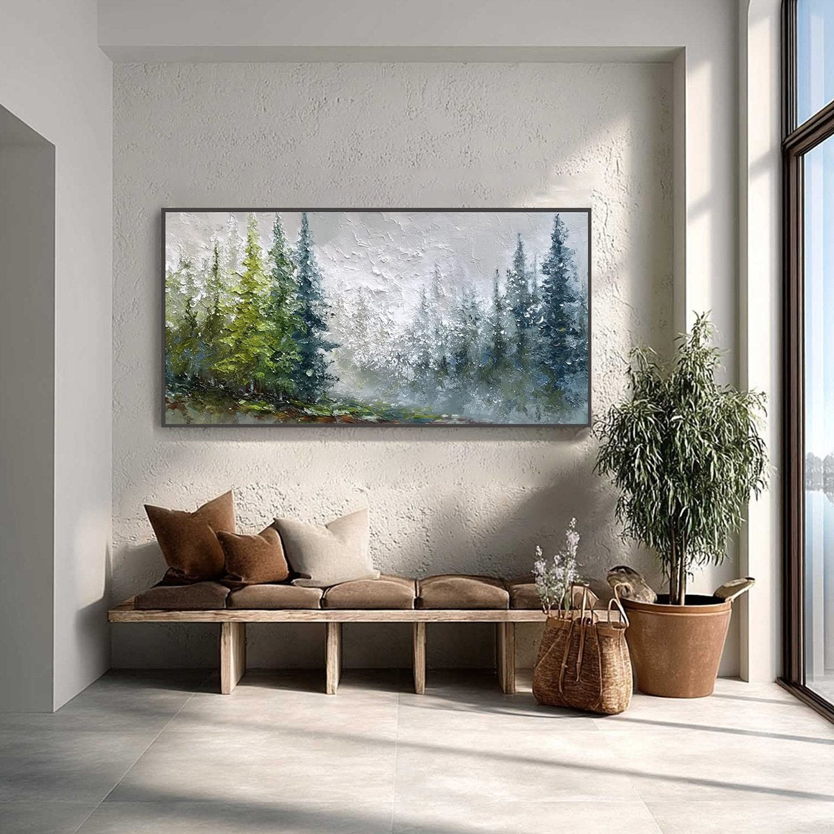 Forest's Breath hand-painted forest green, soft grey and warm earth tones textured forest landscape painting shown as stretched canvas