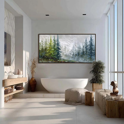 Forest's Breath hand-painted forest green, soft grey and warm earth tones textured forest landscape painting shown with silver frame