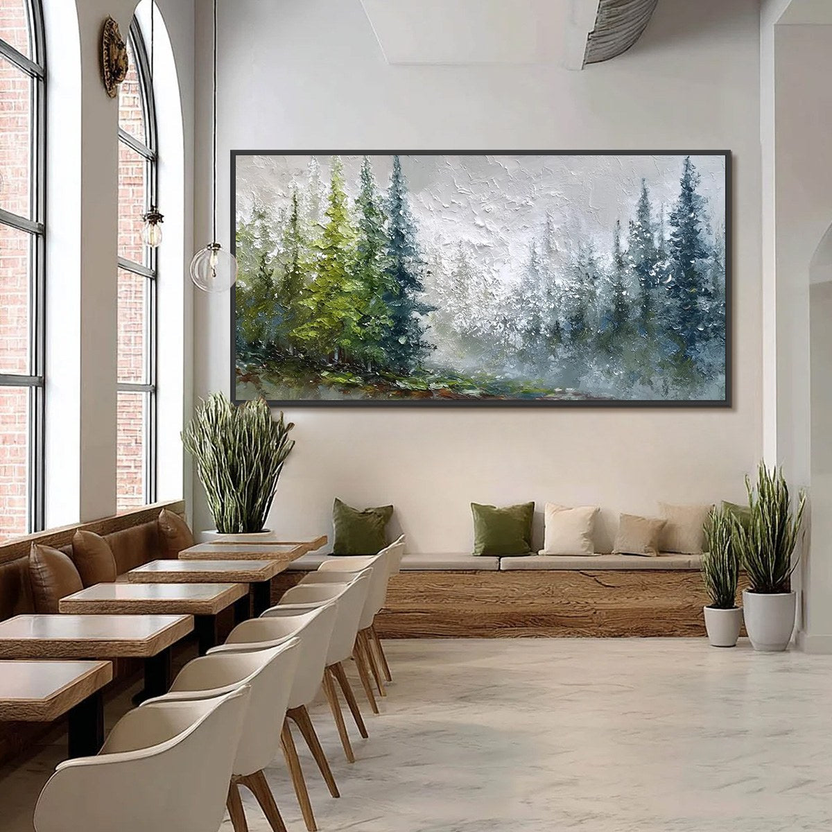 Forest's Breath hand-painted forest green, soft grey and warm earth tones textured forest landscape painting shown with black frame