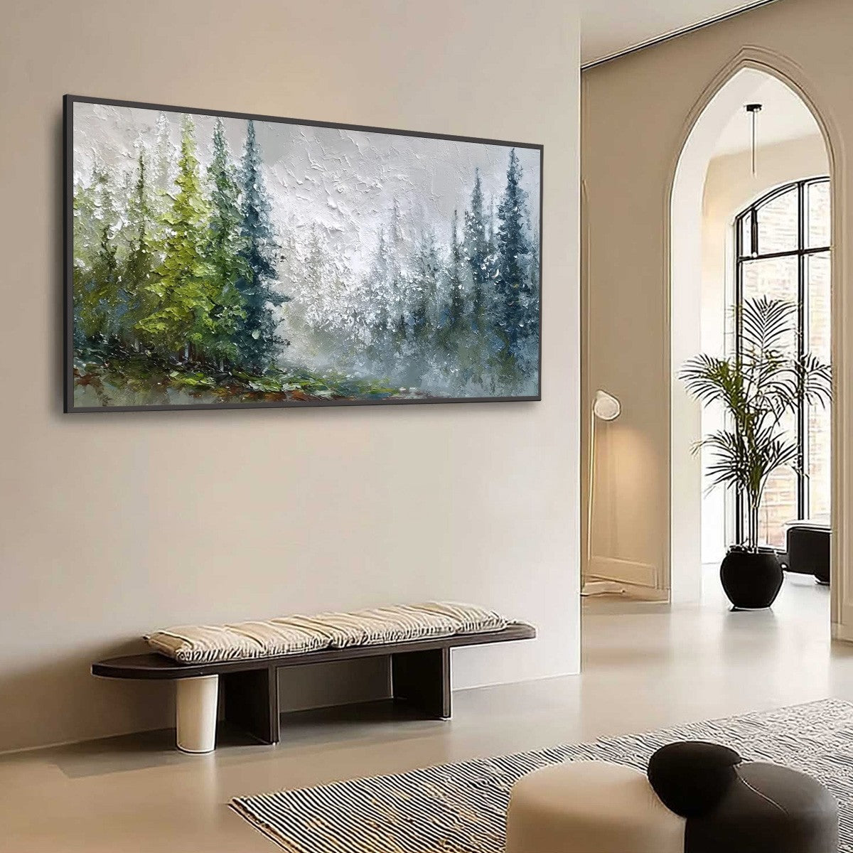 Forest's Breath hand-painted forest green, soft grey and warm earth tones textured forest landscape painting shown with wood frame