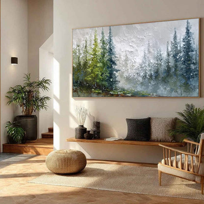 Forest's Breath hand-painted forest green, soft grey and warm earth tones textured forest landscape painting rolled canvas option